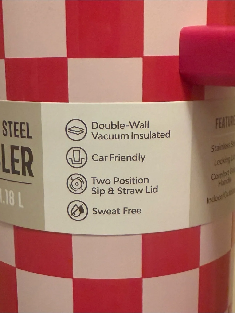 Pink Checker Stainless Steel Travel Tumbler with Handle and Straw